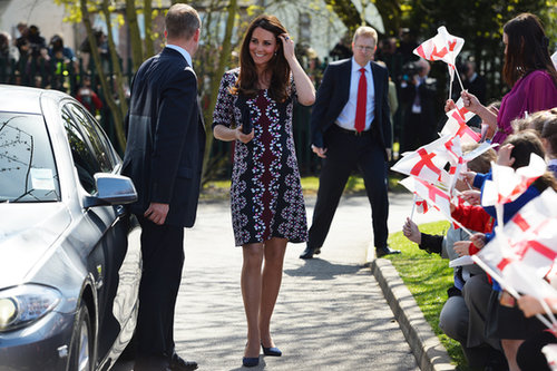 In April 2013, Kate Middleton was all smiles when she dropped by the Willows Primary School in Manchester, England, in a patterned Erdem dress.
In April 2013, Kate Middleton was all smiles when she dropped by the Willows Primary School in Manchester, England, in a patterned Erdem dress.