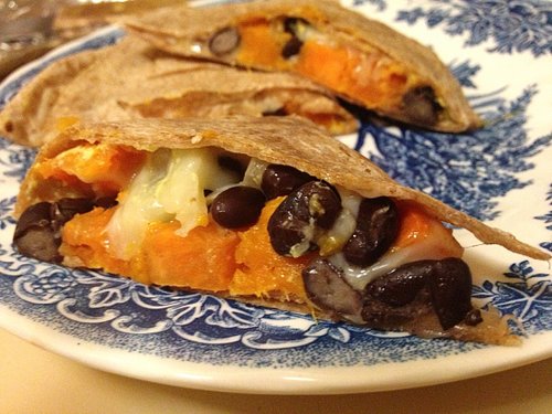 Sweet Potato Black Bean Quesedilla with Grueyer Cheese and Greek Yogurt Dressing