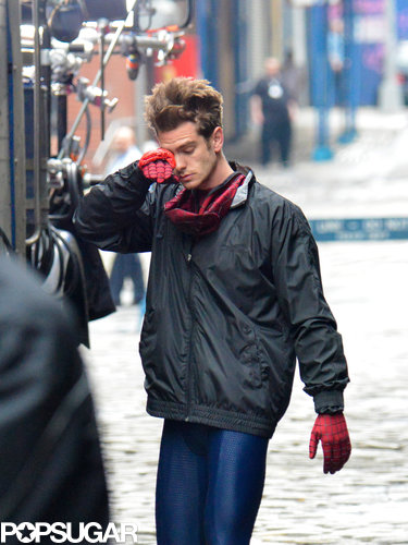 Andrew Garfield wiped his eye during a long day on set in NYC.
Andrew Garfield wiped his eye during a long day on set in NYC.