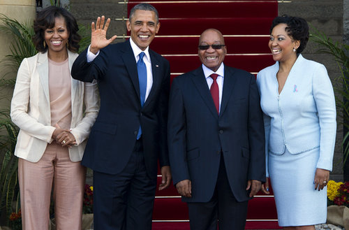 The Obamas stood beside South African President Jacob Zuma and his wife, Thobeka Madiba-Zuma, while visiting Pretoria, South Africa, in June.
The Obamas stood beside South African President Jacob Zuma and his wife, Thobeka Madiba-Zuma, while visiting Pretoria, South Africa, in June.
