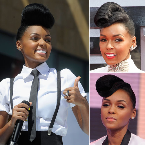 Who: Janelle Monáe
The look: Her vintage bouffant
R&B darling and CoverGirl spokeswoman Janelle never fails to impress with her vintage coiffure. Whether it's victory-rolled, teased up, or styled like a fascinator, this hairstyle, along with her love of perfectly tailored black and white clothing, has become her signature.
Who: Janelle Monáe
The look: Her vintage bouffant
R&B darling and CoverGirl spokeswoman Janelle never fails to impress with her vintage coiffure. Whether it's victory-rolled, teased up, or styled like a fascinator, this hairstyle, along with her love of perfectly tailored black and white clothing, has become her signature.