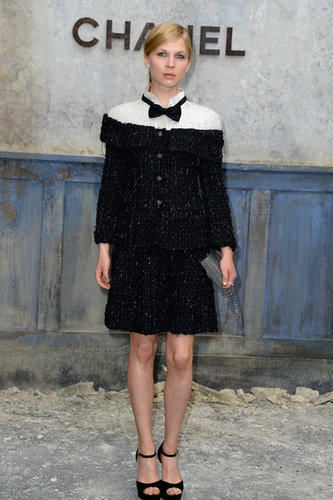 Clémence Poésy picked a black and white look, complete with bow tie, for the Chanel show.
Clémence Poésy picked a black and white look, complete with bow tie, for the Chanel show.