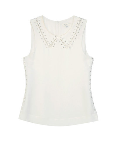 A pretty Peter Pan collar feels tougher up close thanks to the thick laces on this Rag & Bone blouse ($325).
A pretty Peter Pan collar feels tougher up close thanks to the thick laces on this Rag & Bone blouse ($325).