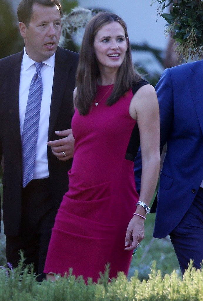 Jennifer Garner, also a guest at Kimmel's nuptials, opted for a berry-hued sheath dress featuring a black panel in the back.
Jennifer Garner, also a guest at Kimmel's nuptials, opted for a berry-hued sheath dress featuring a black panel in the back.