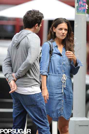 Katie Holmes wore a denim dress to film scenes with Luke Kirby on the set of Mania Days.
Katie Holmes wore a denim dress to film scenes with Luke Kirby on the set of Mania Days.