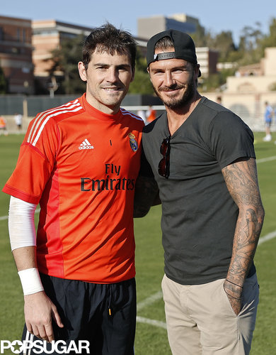Real Madrid player Iker Casillas posed with David Beckham on the field.
Real Madrid player Iker Casillas posed with David Beckham on the field.