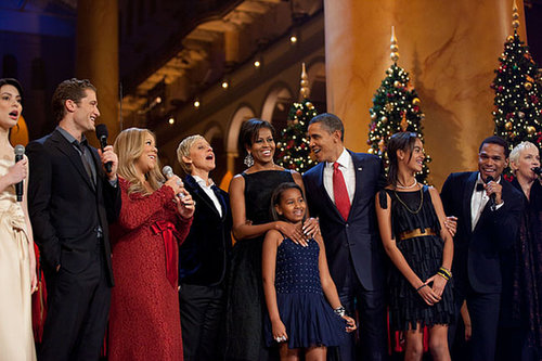 President Obama sang Christmas carols with Ellen DeGeneres, Mariah Carey, and Glee's Matthew Morrison in Washington DC in December 2010.
Source: Flickr user The White House
President Obama sang Christmas carols with Ellen DeGeneres, Mariah Carey, and Glee's Matthew Morrison in Washington DC in December 2010.
Source: Flickr user The White House