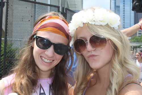 Is this Lollapalooza or Woodstock? Leah and Olivia brought the bohemian vibe to Chicago with a floral headpiece from Urban Outfitters and a vintage scarf found at Bonnaroo.
Is this Lollapalooza or Woodstock? Leah and Olivia brought the bohemian vibe to Chicago with a floral headpiece from Urban Outfitters and a vintage scarf found at Bonnaroo.