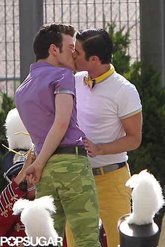 Chris Colfer and Darren Criss shared a kiss on the set of Glee in LA.
Chris Colfer and Darren Criss shared a kiss on the set of Glee in LA.