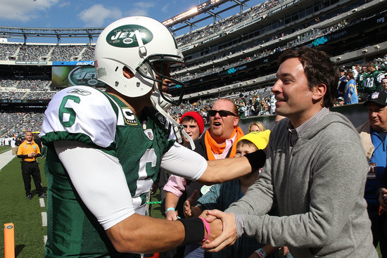 Jimmy Fallon greeted Mark Sanchez on the sidelines before a New York Jets game in October 2011.
Jimmy Fallon greeted Mark Sanchez on the sidelines before a New York Jets game in October 2011.