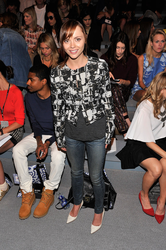 At Richard Chai's Spring 2014 show, Christina Ricci went part casual, part fancy in skinny jeans, a black-and-white jacket, and off-white pumps.
At Richard Chai's Spring 2014 show, Christina Ricci went part casual, part fancy in skinny jeans, a black-and-white jacket, and off-white pumps.