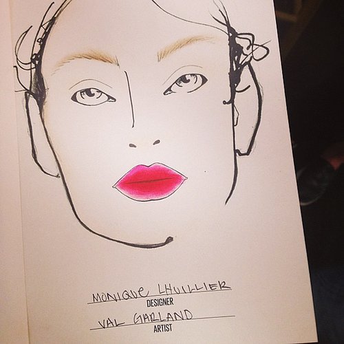 The face chart from the Monique Lhuillier presentation showed of a pink and punchy lip hue by MAC Cosmetics.
The face chart from the Monique Lhuillier presentation showed of a pink and punchy lip hue by MAC Cosmetics.
