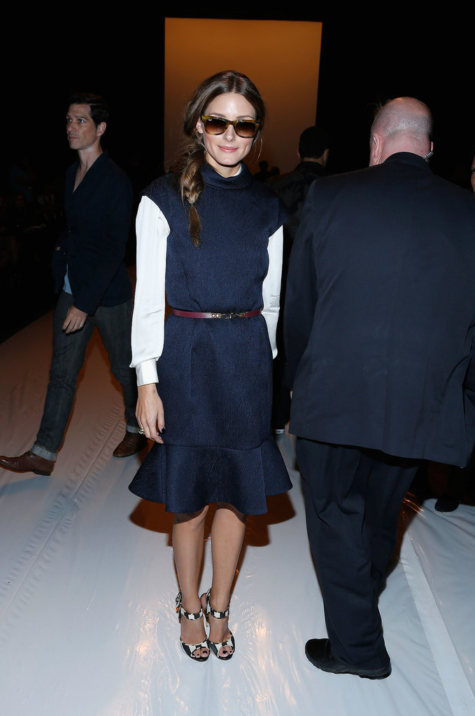 Olivia Palermo was feminine in a navy dress with a dramatic ruffle hemline at the Kaufmanfranco show.
Olivia Palermo was feminine in a navy dress with a dramatic ruffle hemline at the Kaufmanfranco show.
