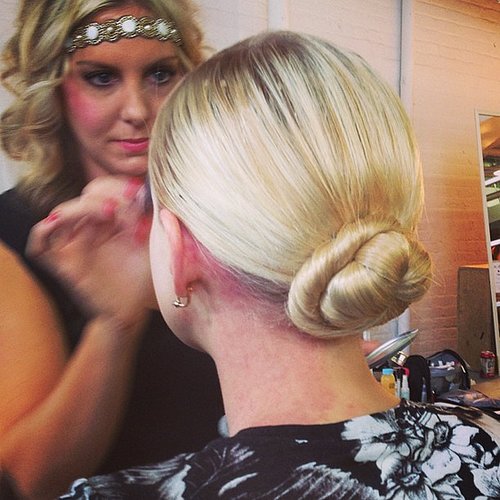 This winding chignon was sleek and smooth at Alice + Olivia.
This winding chignon was sleek and smooth at Alice + Olivia.