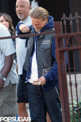 Charlie Hunnam joked around on set.
Charlie Hunnam joked around on set.