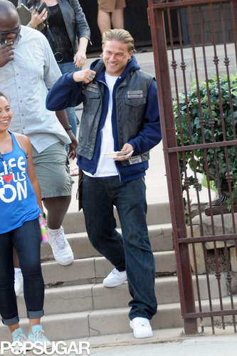 Charlie Hunnam was all smiles on the set of Sons of Anarchy in LA.
Charlie Hunnam was all smiles on the set of Sons of Anarchy in LA.