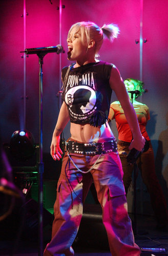 Pink performed on MTV's TRL in 2001.
Pink performed on MTV's TRL in 2001.