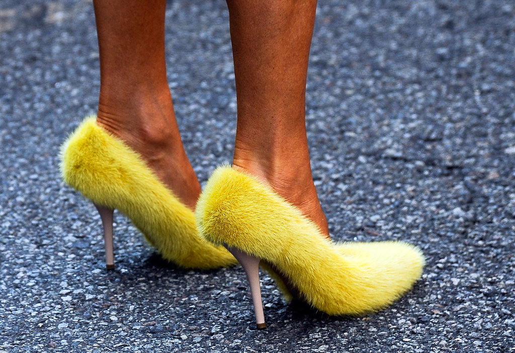Big Bird? Nope, that's Anna Dello Russo in Celine's fuzzy yellow pumps.
Big Bird? Nope, that's Anna Dello Russo in Celine's fuzzy yellow pumps.