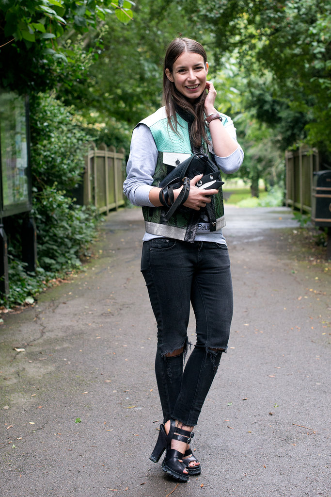 A patchwork, exotic vest made this denim moment a standout.
A patchwork, exotic vest made this denim moment a standout.