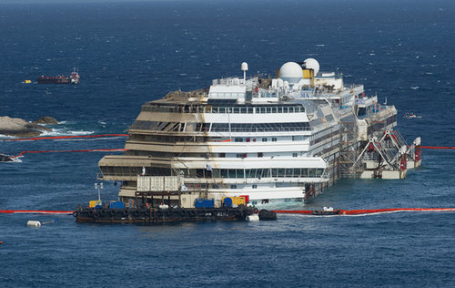 The Costa Concordia was successfully righted, then prepared to be towed and scrapped.
The Costa Concordia was successfully righted, then prepared to be towed and scrapped.