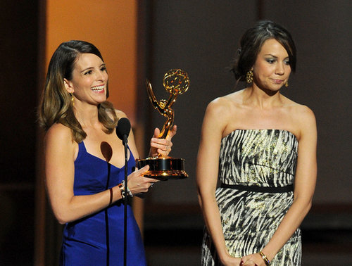Tina Fey and her 30 Rock writing partner Tracey Wigfield won the award for best writing for a comedy series.
Tina Fey and her 30 Rock writing partner Tracey Wigfield won the award for best writing for a comedy series.