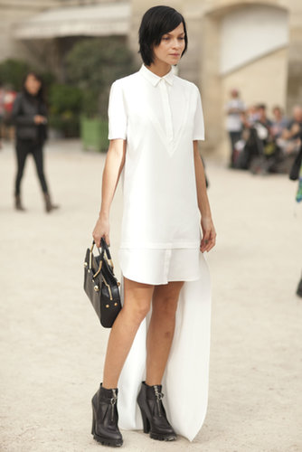 A simple white dress anchored with tough-girl add-ons.
A simple white dress anchored with tough-girl add-ons.