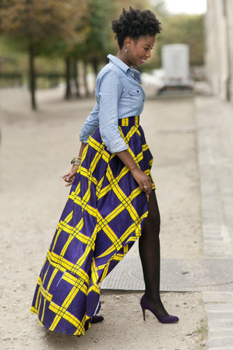 Balancing a bold skirt with a basic denim top.
Balancing a bold skirt with a basic denim top.