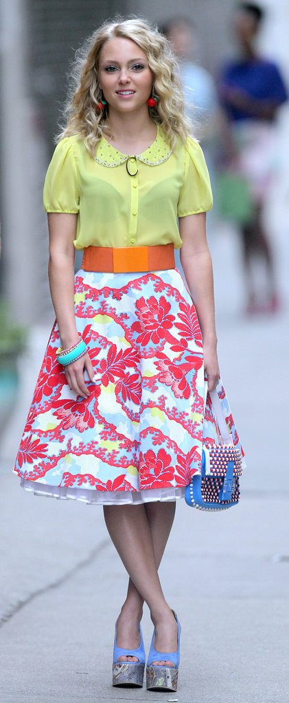 Carrie showed off her Summer brights in a sunny Peter Pan collar top, a printed Topshop skirt, and Carven platform wedges. Pair this blooming Modcloth midi ($70) with a pretty pastel blouse for your next soiree.
Carrie showed off her Summer brights in a sunny Peter Pan collar top, a printed Topshop skirt, and Carven platform wedges. Pair this blooming Modcloth midi ($70) with a pretty pastel blouse for your next soiree.