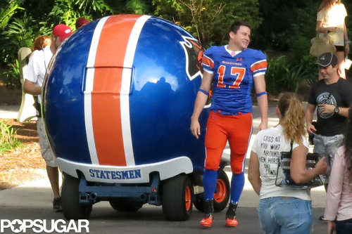 Channing Tatum suited up in football gear on the set.
Channing Tatum suited up in football gear on the set.