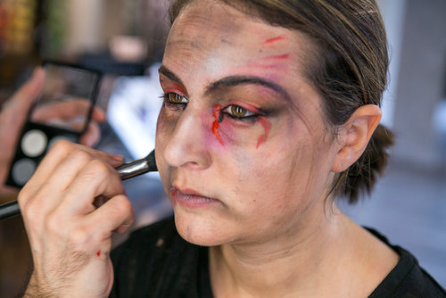 Next, Bouchard created a little dimension and sparkle (it is Halloween, after all!) with silver shadow dusted on random spots of the face.
Next, Bouchard created a little dimension and sparkle (it is Halloween, after all!) with silver shadow dusted on random spots of the face.