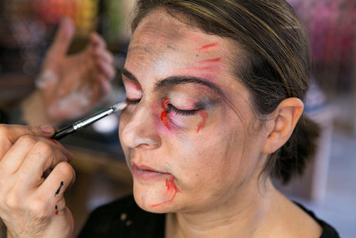 Now that your face is covered in dirt, blood, and bruises, you'll want to bring back that ghostly pallor by adding accents of white acrylic.
Now that your face is covered in dirt, blood, and bruises, you'll want to bring back that ghostly pallor by adding accents of white acrylic.