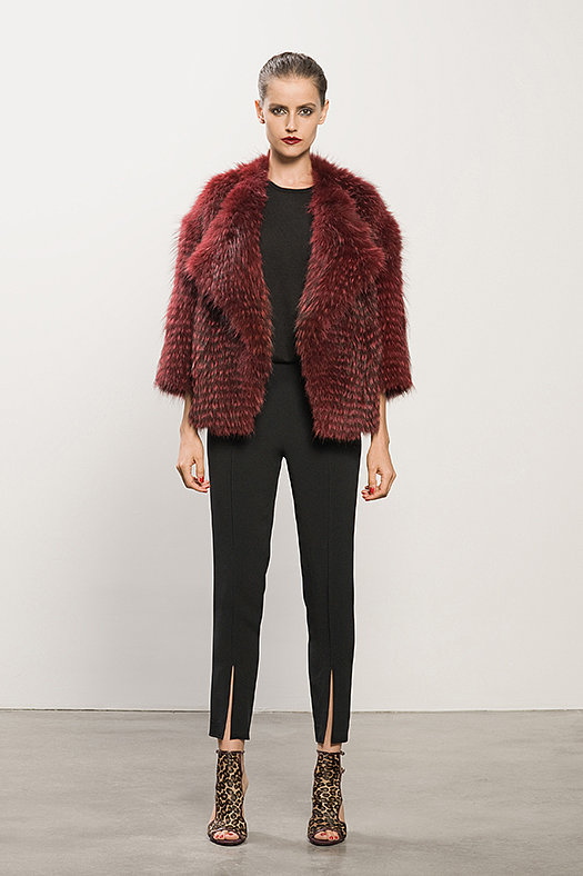 Coyote Red Fur Jacket ($2,295), Cashmere Black Tee ($295), Crepe Black Cigarette Pant ($550), Trouble Maker Leopard Sandal ($995)
Photo courtesy of Tamara Mellon
Coyote Red Fur Jacket ($2,295), Cashmere Black Tee ($295), Crepe Black Cigarette Pant ($550), Trouble Maker Leopard Sandal ($995)
Photo courtesy of Tamara Mellon