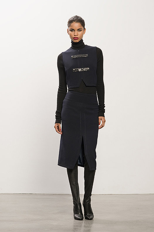 Cropped Navy Vest With Snakeskin Trim ($395), Cashmere Black Turtleneck Sweater ($495), Center Slit Navy Pencil Skirt ($495), Erotic Dream Black Leather Thigh High Boot ($1,350)
Photo courtesy of Tamara Mellon
Cropped Navy Vest With Snakeskin Trim ($395), Cashmere Black Turtleneck Sweater ($495), Center Slit Navy Pencil Skirt ($495), Erotic Dream Black Leather Thigh High Boot ($1,350)
Photo courtesy of Tamara Mellon