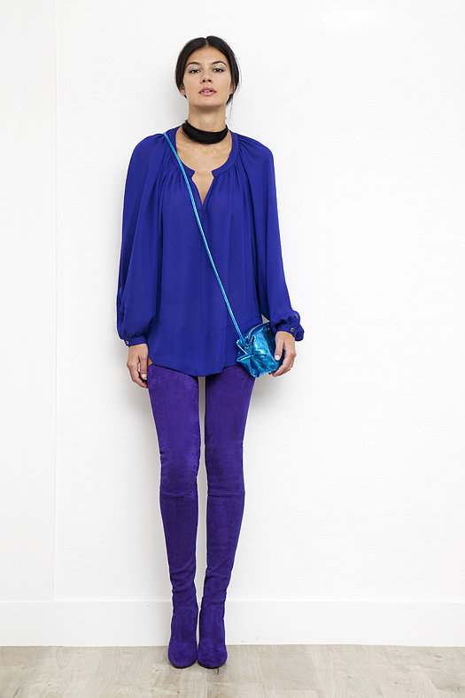 Peasant Blouse in Electric Blue Silk ($350), Sweet Revenge Stretch Suede Legging Boot in Purple ($2,395), Sunset Watersnake Small Cross Body in Turquoise ($695)
Photo courtesy of Tamara Mellon
Peasant Blouse in Electric Blue Silk ($350), Sweet Revenge Stretch Suede Legging Boot in Purple ($2,395), Sunset Watersnake Small Cross Body in Turquoise ($695)
Photo courtesy of Tamara Mellon