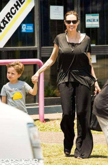 Angelina Jolie held hands with Knox when she brought her little ones along to shop for Halloween decorations. Angelina Jolie held hands with Knox when she brought her little ones along to shop for Halloween decorations.