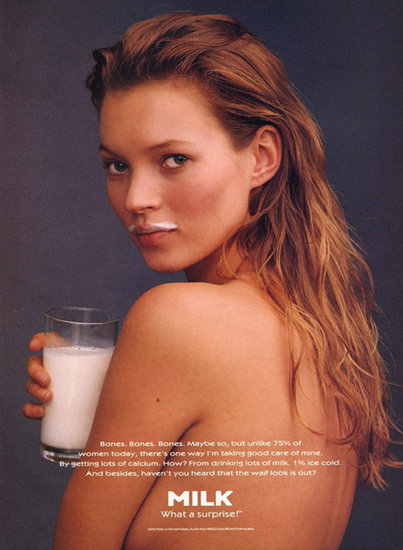 Kate Moss bared all, sporting just a milk mustache for her over-the-shoulder pose.
Kate Moss bared all, sporting just a milk mustache for her over-the-shoulder pose.