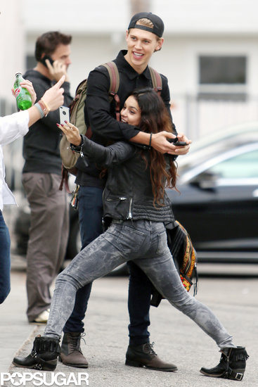 In December 2013, Vanessa Hudgens got silly while taking a selfie with boyfriend Austin Butler in Venice Beach, CA. In December 2013, Vanessa Hudgens got silly while taking a selfie with boyfriend Austin Butler in Venice Beach, CA.