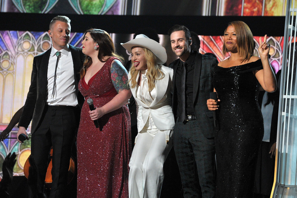 Madonna ended her performance with Macklemore, Ryan Lewis, Mary Lambert, and Queen Latifah.
Madonna ended her performance with Macklemore, Ryan Lewis, Mary Lambert, and Queen Latifah.