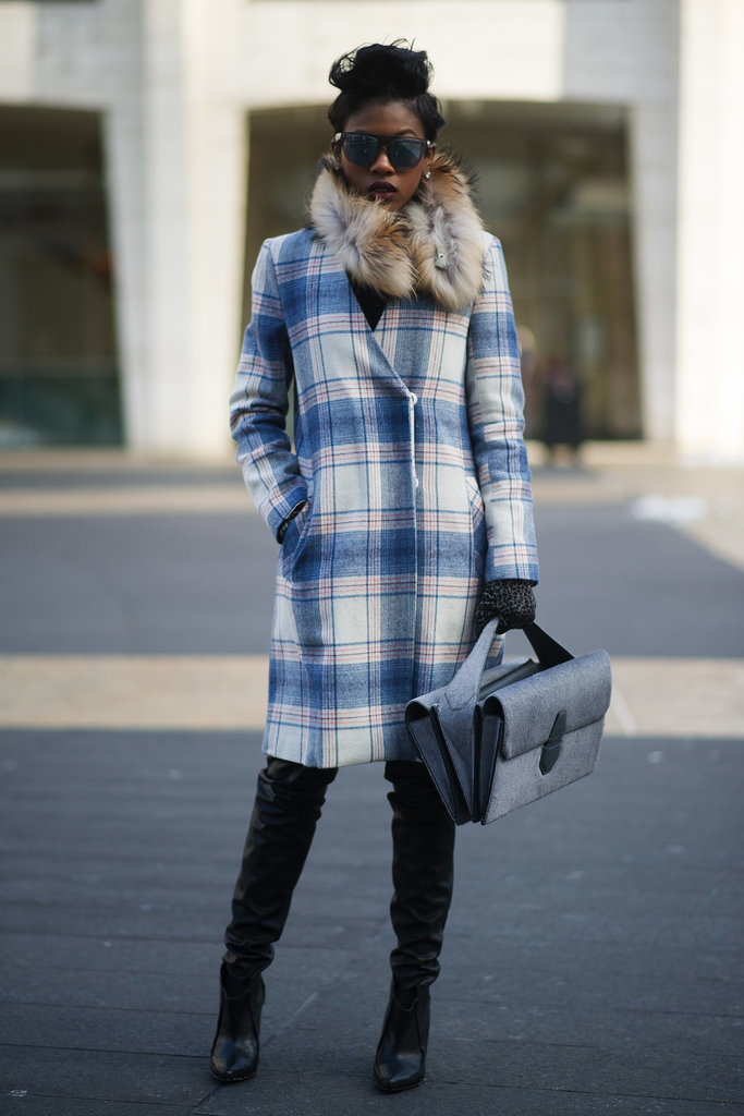 Prep school goes glam with the help of a plaid coat and leather pants.
Prep school goes glam with the help of a plaid coat and leather pants.