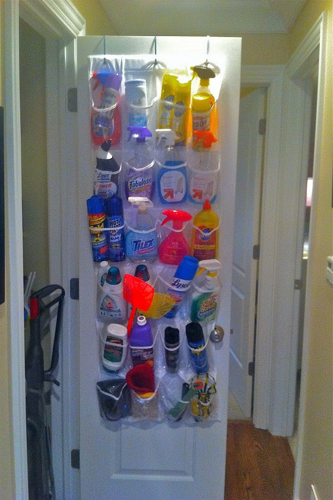 Cleaning Supplies in a Shoe Organizer Cleaning Supplies in a Shoe Organizer