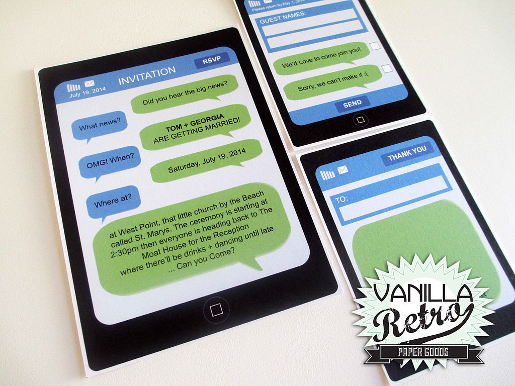 Of course you can't have a geeky wedding-invite roundup without one for iPhone-lovers ($60 for digital file).
Of course you can't have a geeky wedding-invite roundup without one for iPhone-lovers ($60 for digital file).
