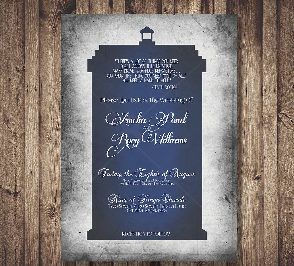 It's pretty much a guarantee that Doctor Who fans will fawn over these printable TARDIS invites ($13 for digital file).
It's pretty much a guarantee that Doctor Who fans will fawn over these printable TARDIS invites ($13 for digital file).