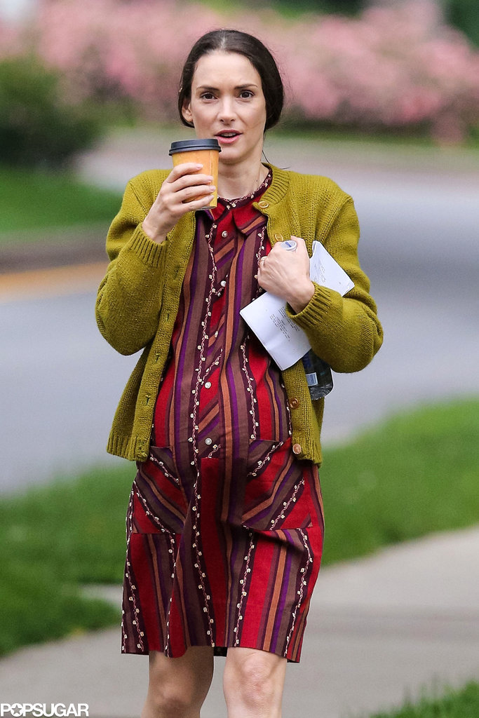 Winona Ryder wore a fake baby bump while filming Experimenter in Brooklyn on Thursday.
Winona Ryder wore a fake baby bump while filming Experimenter in Brooklyn on Thursday.