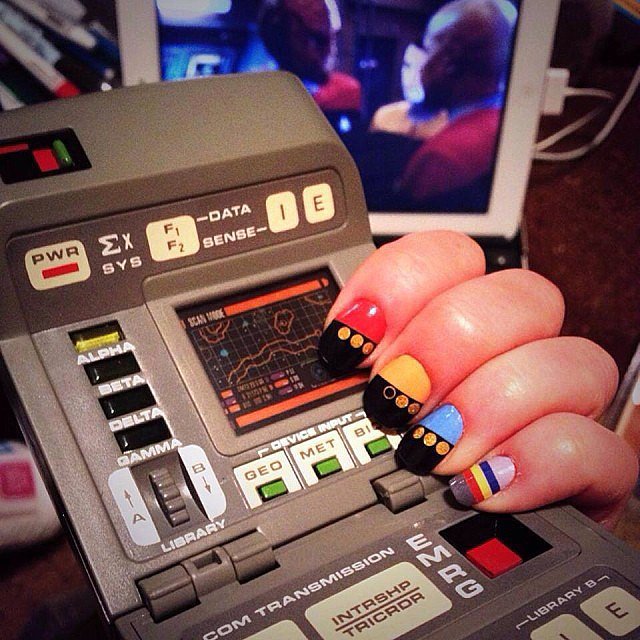 If the Enterprise allowed fabulous manicures as part of the uniform, you can bet the Make It So Nail Wraps ($10) would be regulation. Rep the colors of a specific Star Trek uniform as an accent nail, or wear 'em all for team spirit.
If the Enterprise allowed fabulous manicures as part of the uniform, you can bet the Make It So Nail Wraps ($10) would be regulation. Rep the colors of a specific Star Trek uniform as an accent nail, or wear 'em all for team spirit.