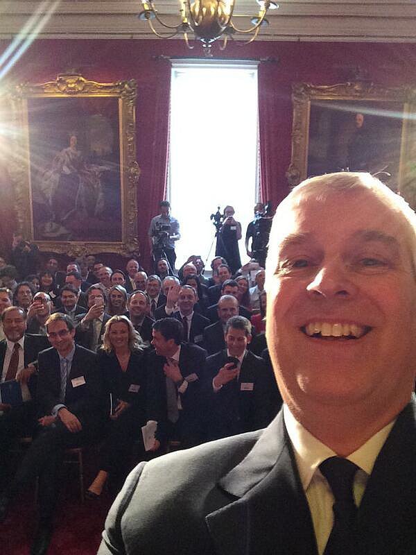 Prince Andrew took the first-ever royal selfie in April 2014 during a press conference in London.<br />
Source: Twitter user TheDukeOfYork<br />
