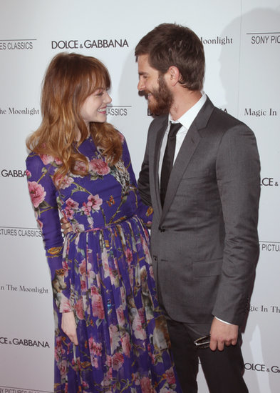 Emma Stone and Andrew Garfield shared a sweet moment at her Magic in the Moonlight premiere in NYC on Thursday. Emma Stone and Andrew Garfield shared a sweet moment at her Magic in the Moonlight premiere in NYC on Thursday.