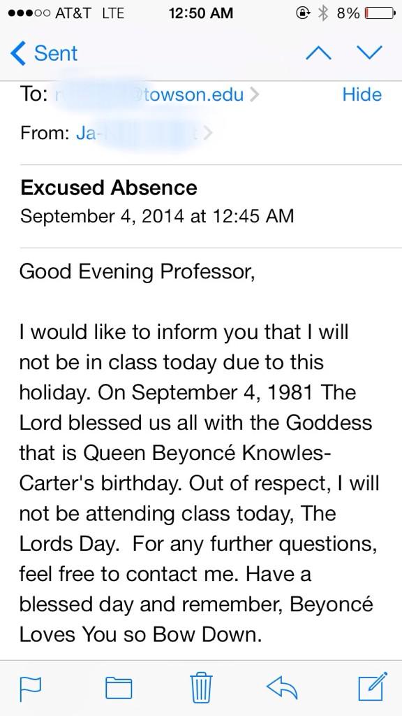 Student Emails Professor About Missing Class For Beyonce POPSUGAR 