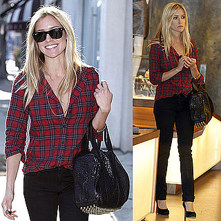 Kristin Cavallari Shops in LA Wearing Red Plaid Elizabeth and James Shirt and Alexander Wang Stud Bag