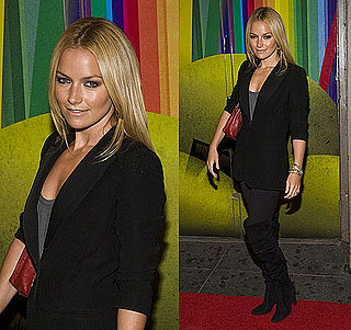 Actress Becki Newton Wears a Blazer and Over the Knee Boots to "Finian's Rainbow" Broadway Opening Night