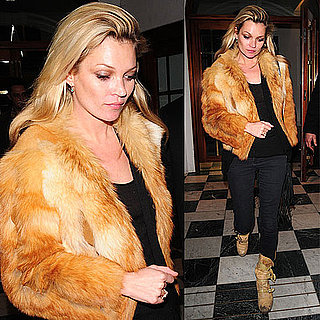 Kate Moss Wears Blonde Fur Jacket and Tan Buckle Boots